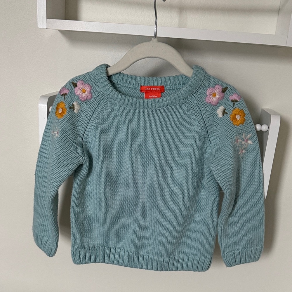 Joe Fresh Teal Floral Embroidered Crewneck Sweater